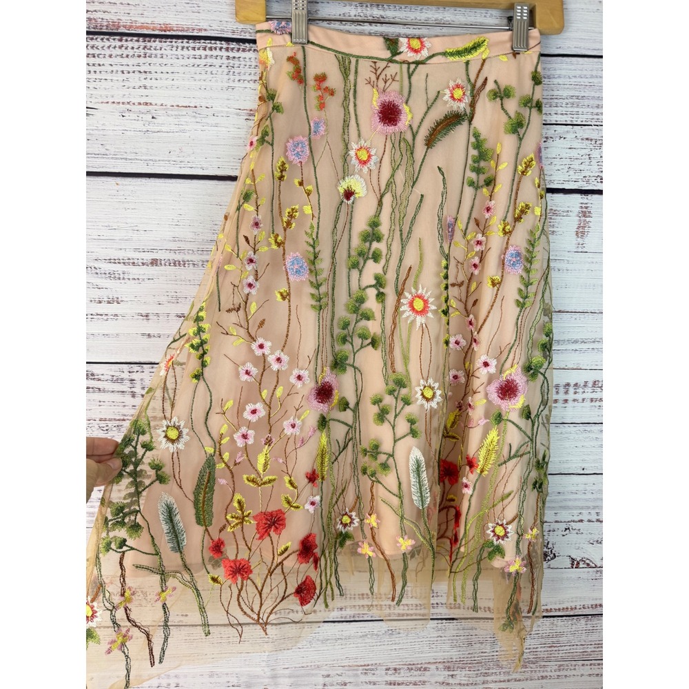 Eva Franco Waverly Garden Skirt Anthropologie Pink Floral Embroidered Tulle - Picture 4 of 10